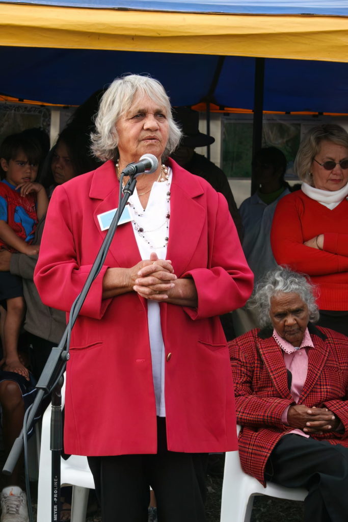 Averil doing Welcome to Country at the launch of the Yarrabee restoration property, east of the Stirling Range (Koi Kyeunu-ruff), 2007