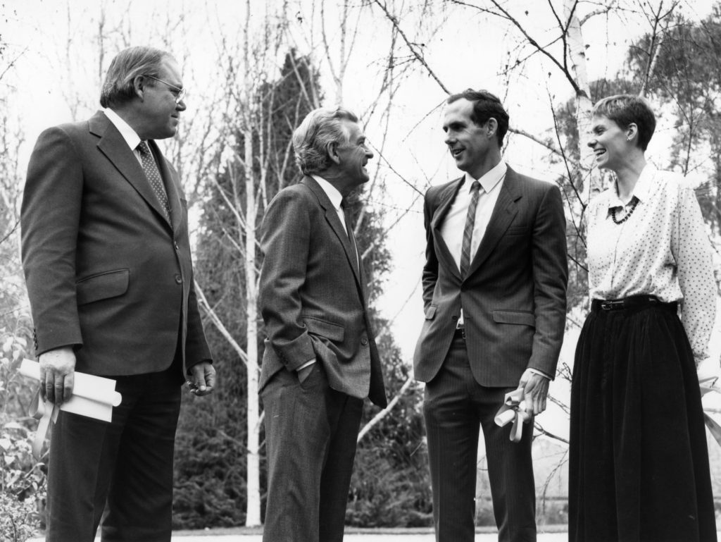 Image of Margaret Robertson and Bob Brown at The Lodge with Prime Minister Bob Hawke and journalist, Joseph Glascott.