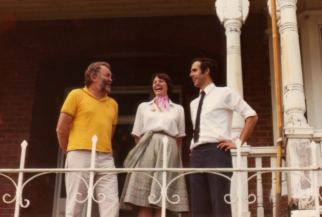 David Bellamy (English botanist and television presenter) with Margaret Robertson and Bob Brown at the new Tasmanian Wilderness Society Hobart headquarters in November 1982. 