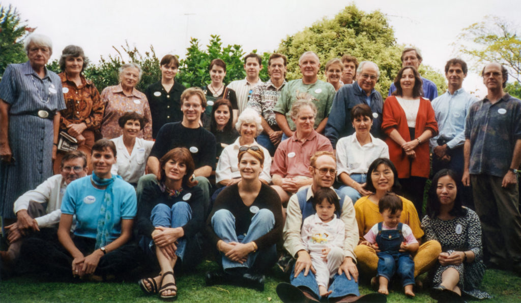 Image of the 1st anniversary of the Environmental Defenders Office WA are committee members, staff, volunteers and supporters in 1997. Lawyers, law students, scientists and conservationists, including Margaret and brother Peter, are in the crowd. 