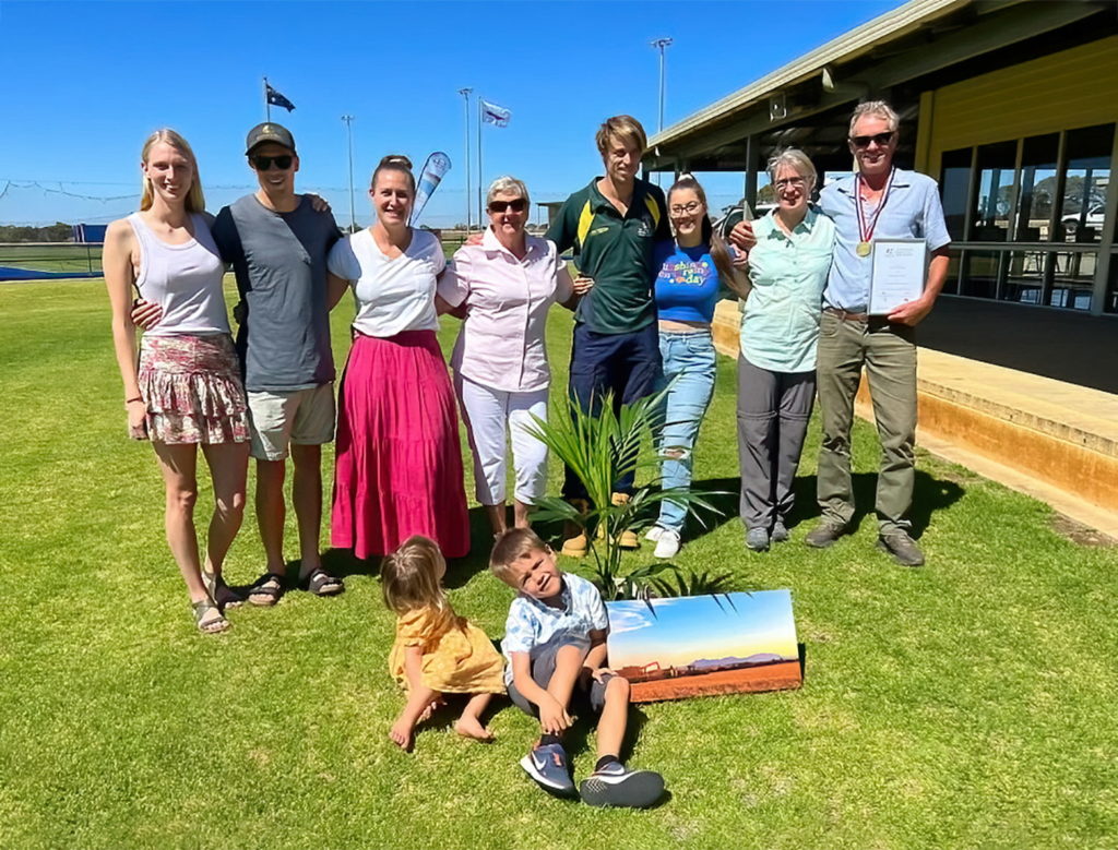 Image of family gathering after Kingsley received Gnowangerup Shire’s 2023 ‘Citizen of the Year’ award. L to R: Caroline House, Rohan Vaux, Marnie Kohler, Susanne Dennings, Beau Vaux, Bonny Twigg, Sandy Vaux and Kingsley; below: grandchildren Obelia and Jasper Kohler. Picture courtesy of North Stirlings Pallinup Natural Resources Inc.